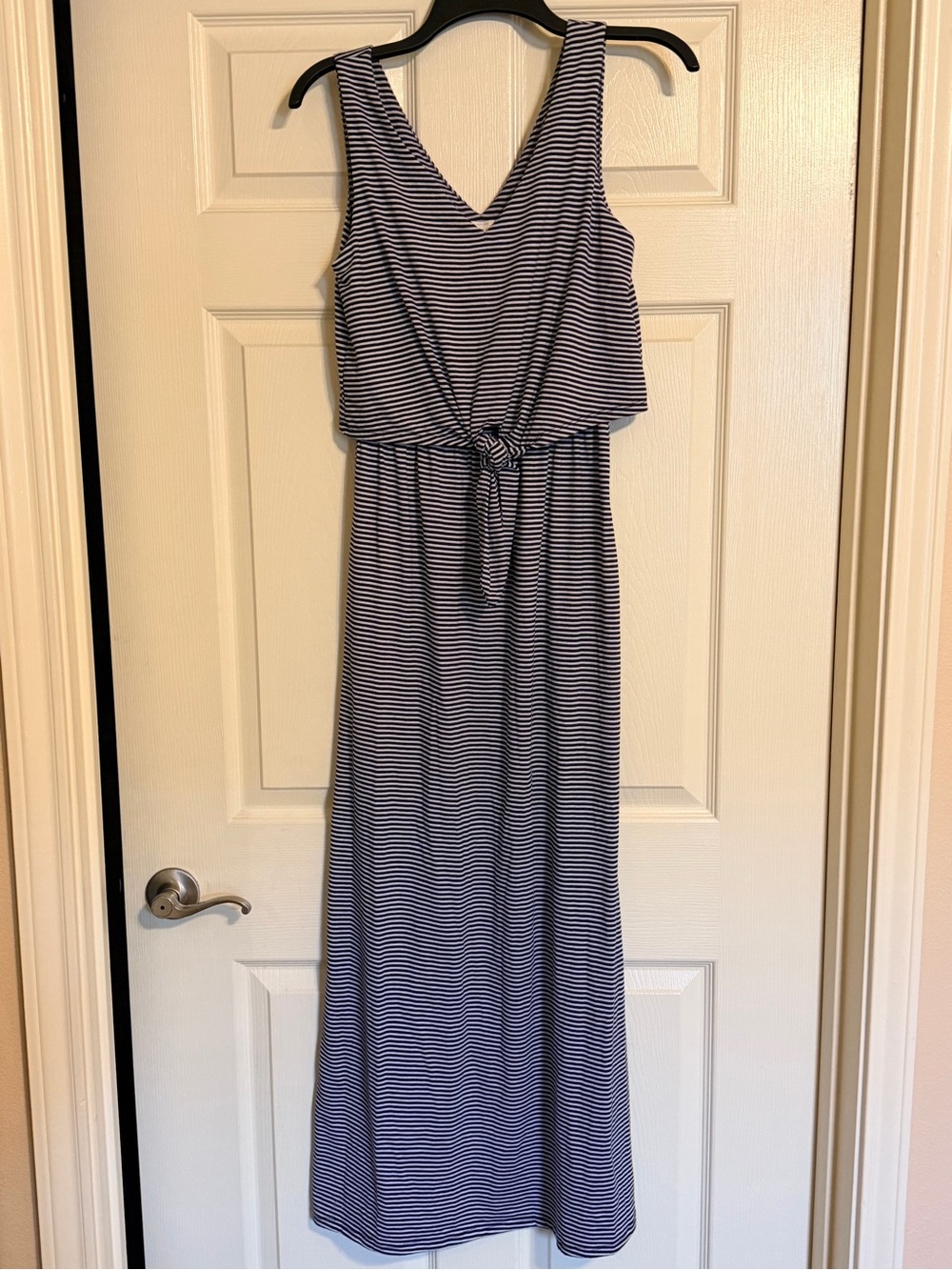 Lucky Brand Navy and White Striped V-Neck Maxi Dress with Tie Waist